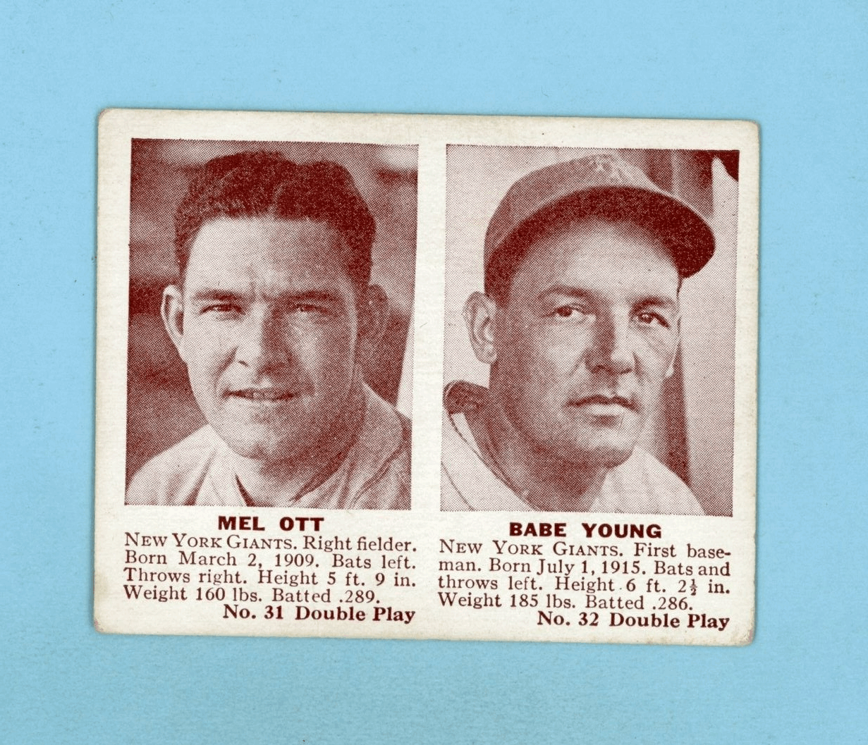 1941 Double Play #31-32 Mel Ott & Babe Young NY Giants Baseball Card VG - VG+