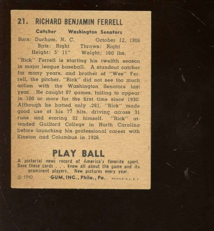 1940 Playball Baseball Card #21 HOFER Rick Ferrell EX+