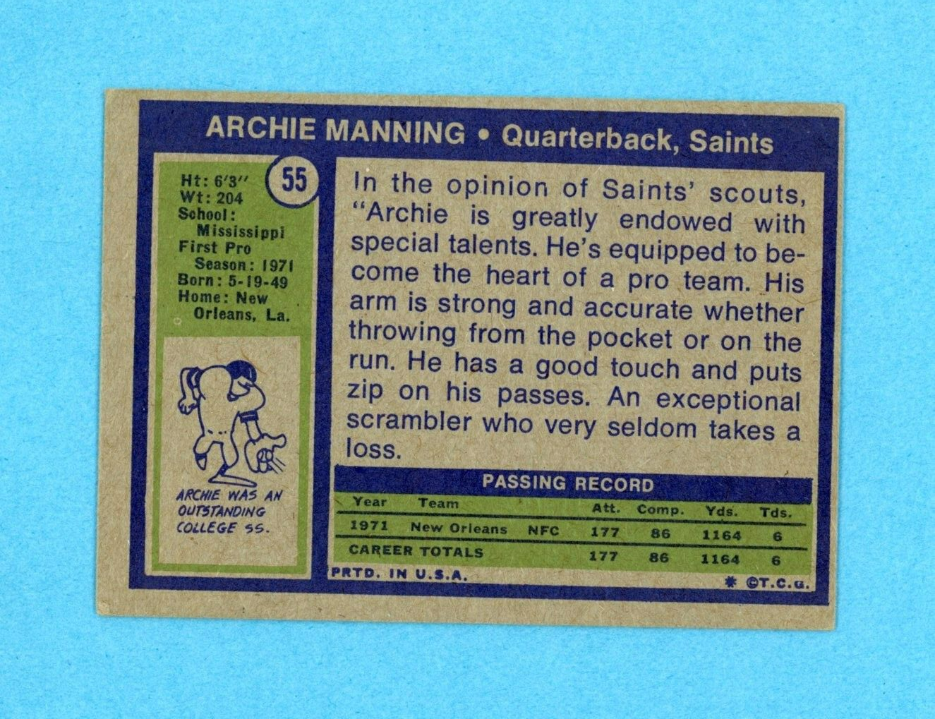 Archie Manning New Orleans Saint Rookie 1972 Topps #55 Autographed Football Card