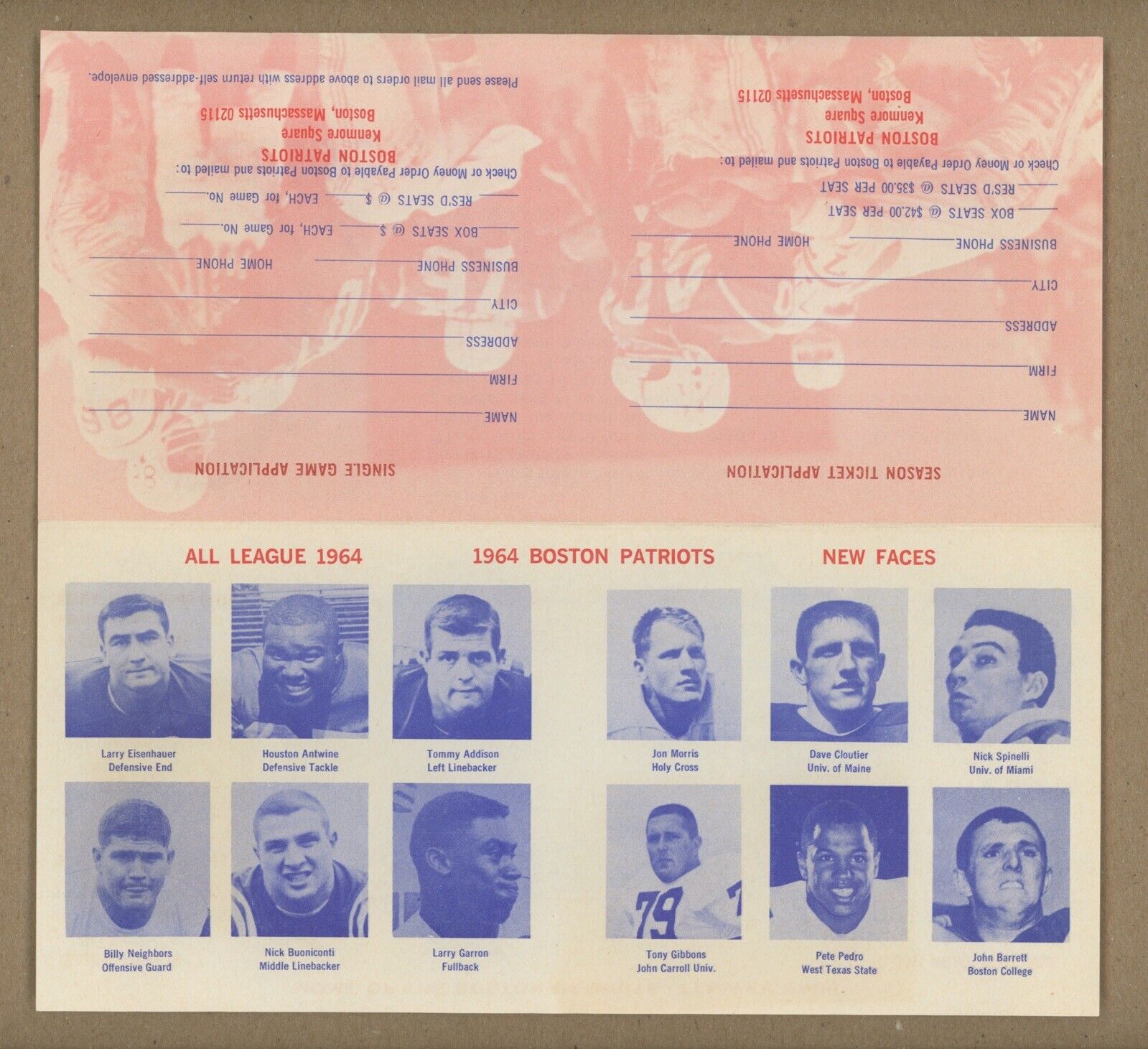 1964 Boston Patriots Fenway Park Letter, Schedule, & Ticket Order Forms 5 Pieces