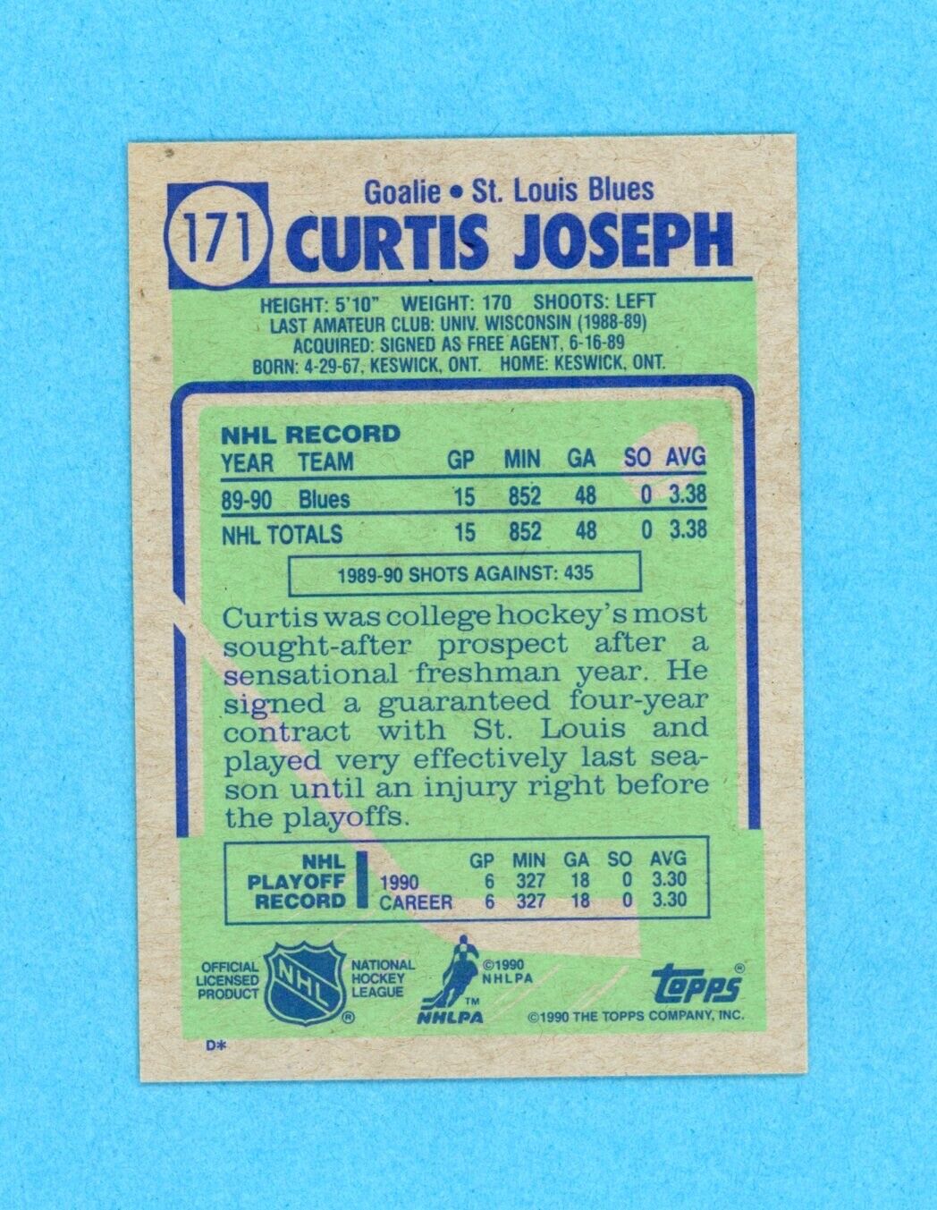 Curtis Joseph Signed 1990 Topps Card #171 • Auto w B&E Hologram