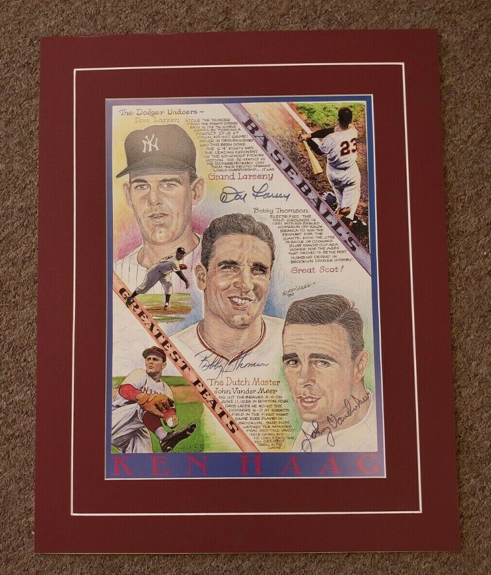 Don Larsen Bobby Thomson & Johnny Vander Meer Autographed 15x19 Artwork Display