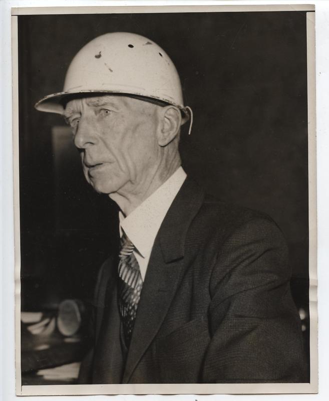 Original 1937 Connie Mack Wears Helmet Wire Photo