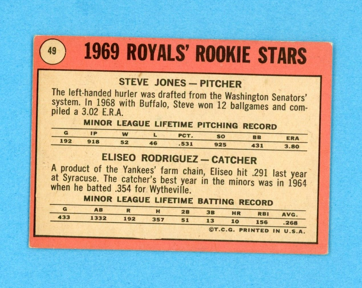 1969 Topps #49 Royals Rookie Stars Baseball Card Vg/Ex quez variation