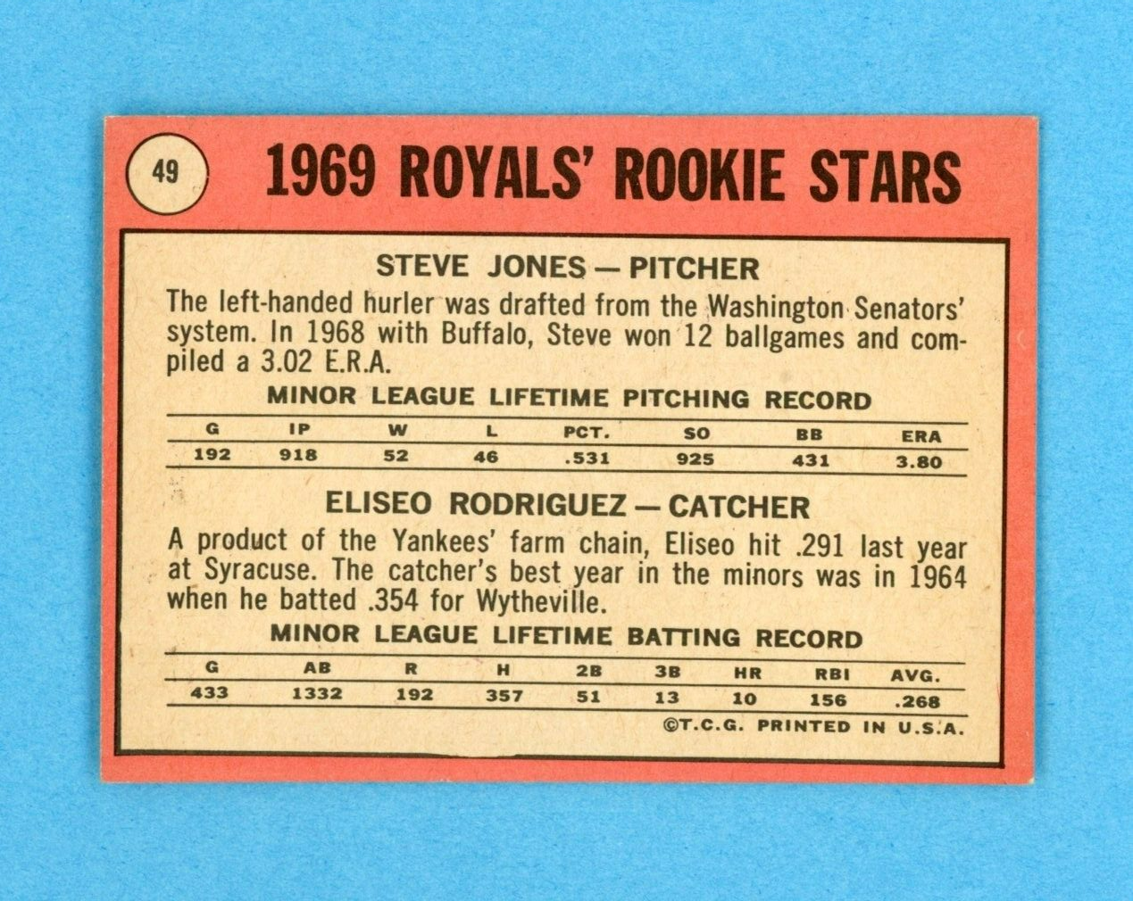 1969 Topps #49 Royals Rookie Stars Baseball Card Ex/Mt quez variation