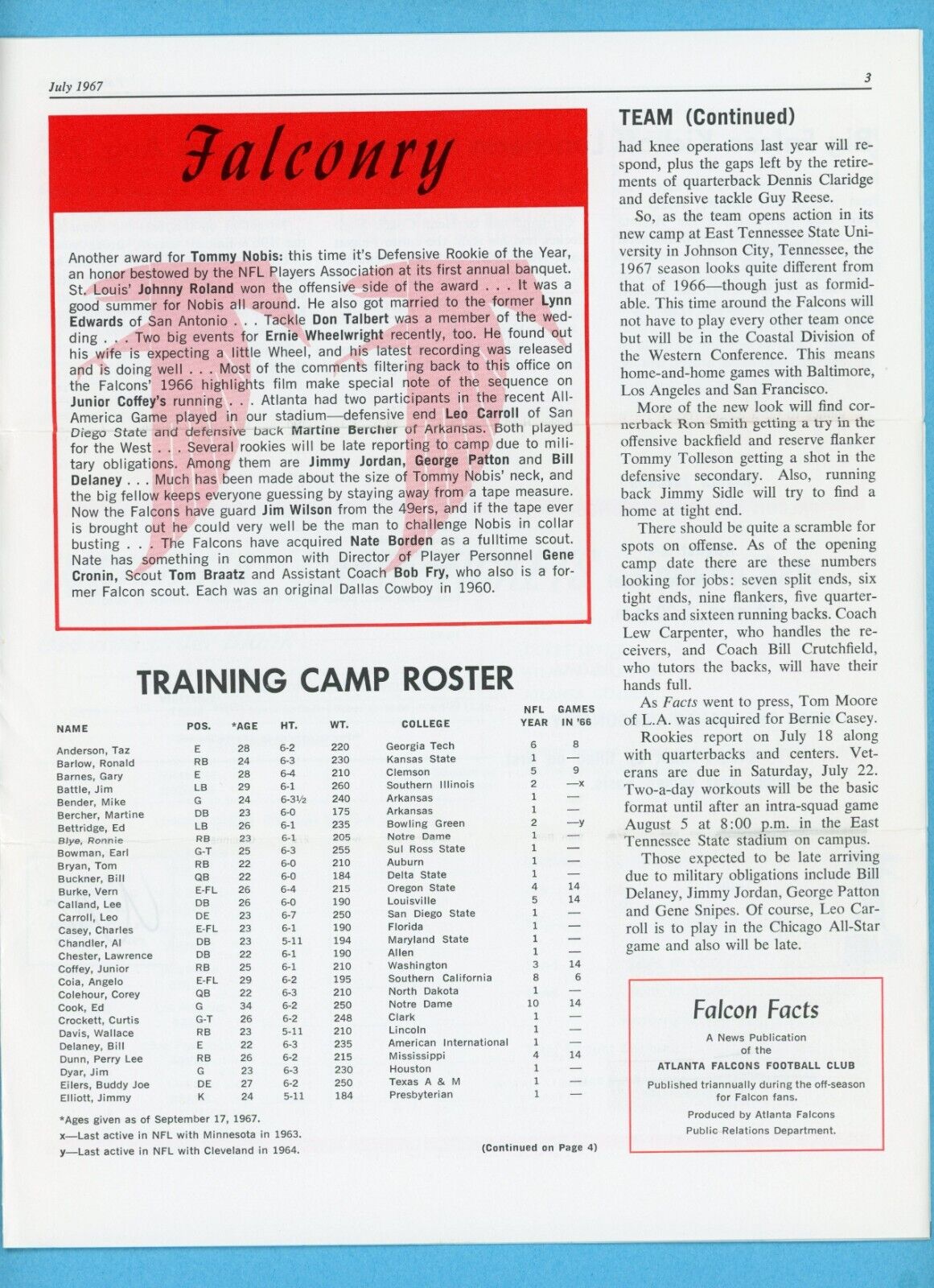 July, 1967 Vol. 2 No. 3 Falcon Facts Atlanta Falcons Newsletter