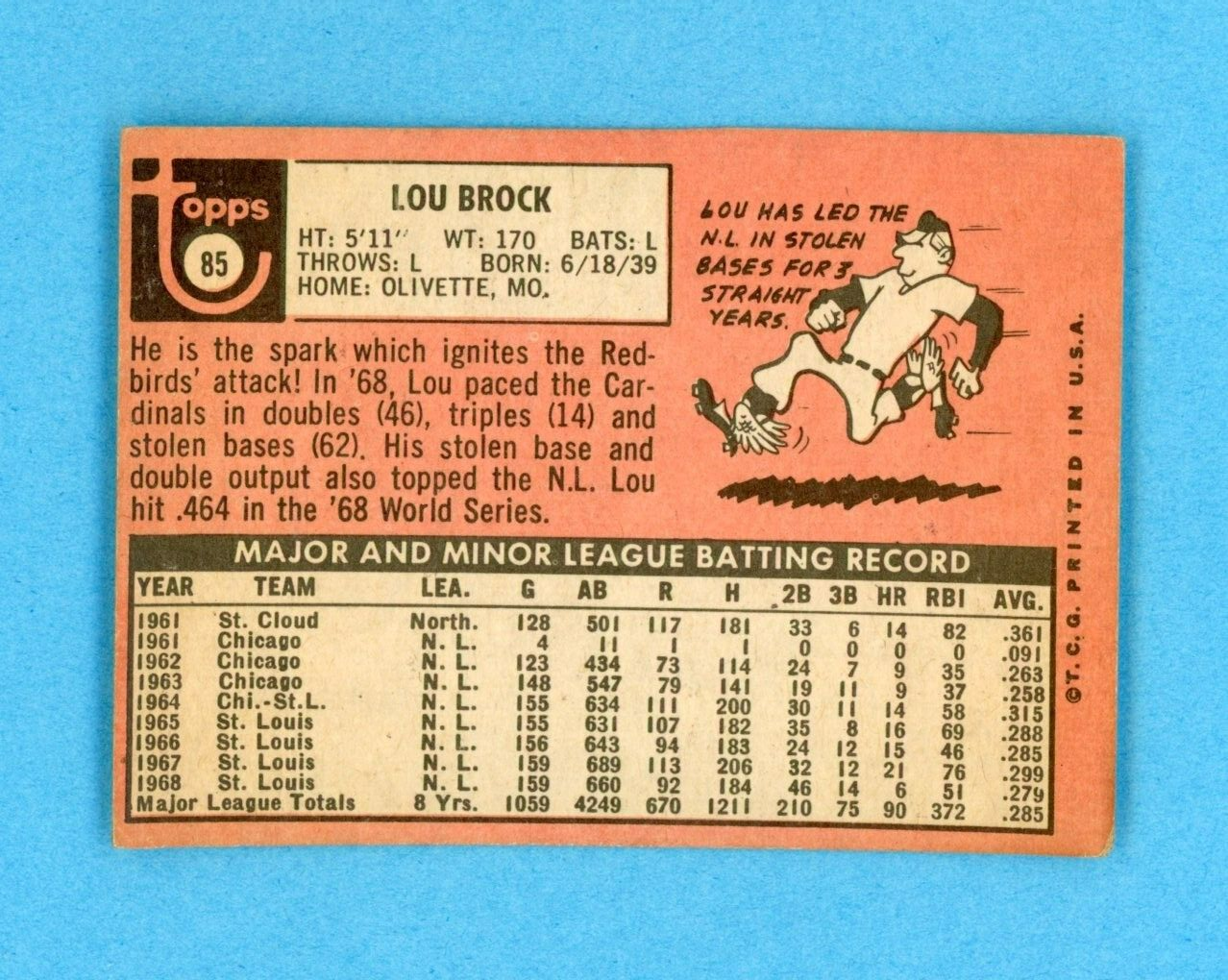 1969 Topps #85 Lou Brock St Louis Cardinals Baseball Card VG - VG+