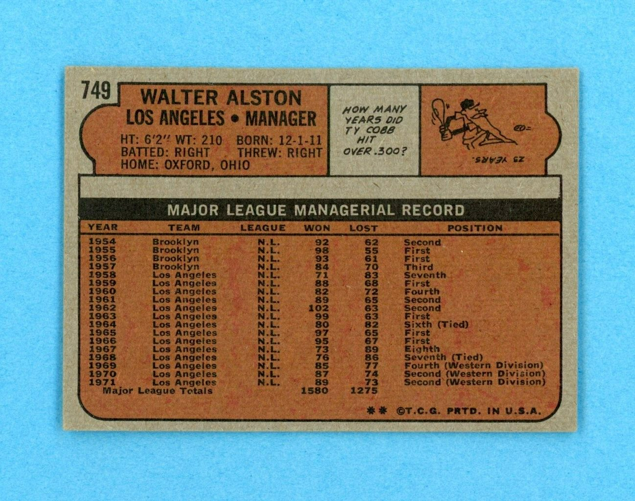 1972 Topps #749 Walter Alston LA Dodgers High Number Baseball Card EX - EX+