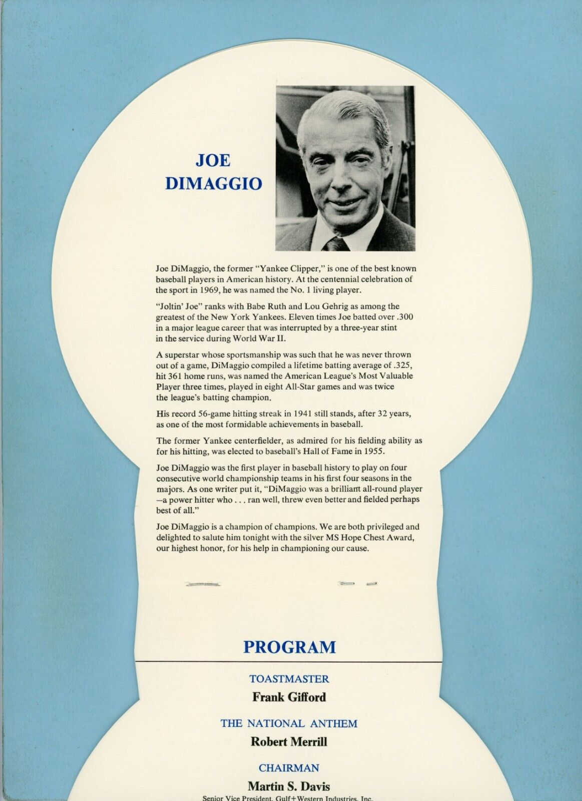 May 11, 1973 MS 2nd Annual Dinner of Champions Program Honoring Joe DiMaggio