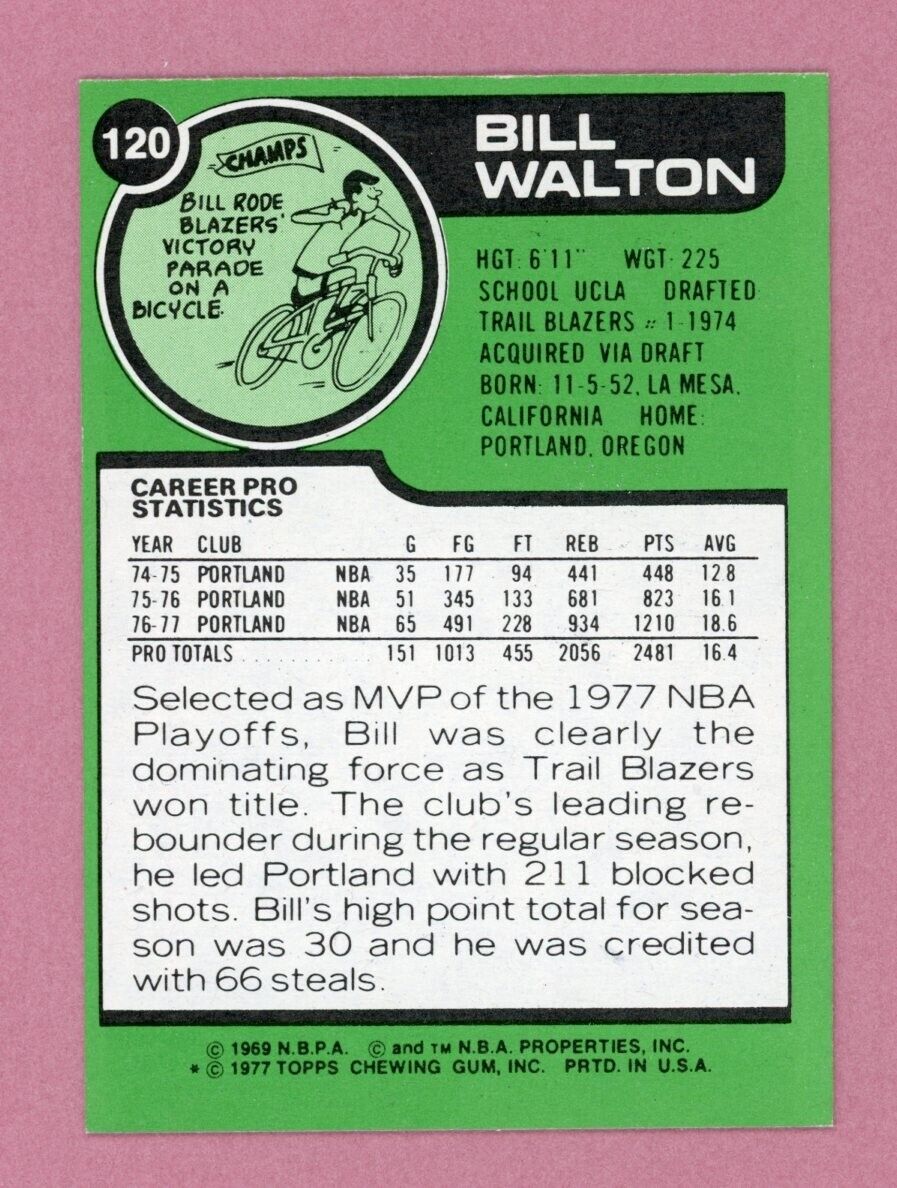 1977-78 Topps #120 Bill Walton Portland Trail Blazers Basketball Card NM