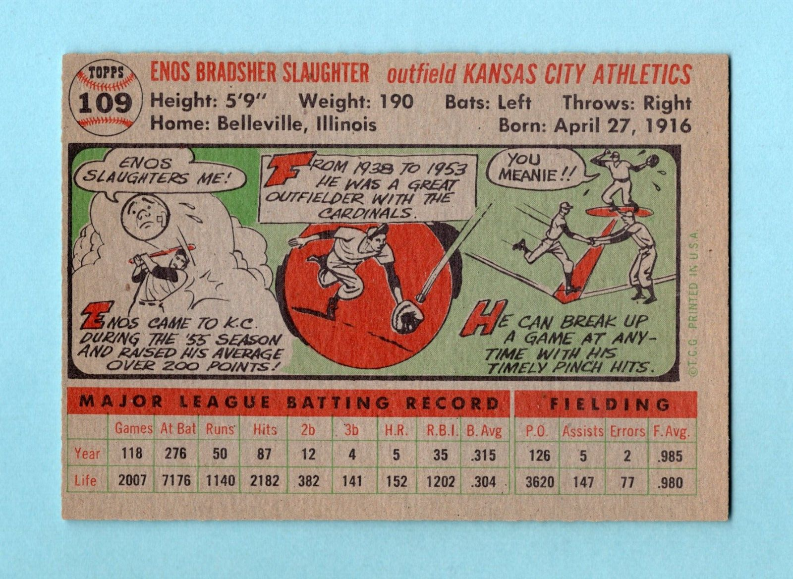 1956 Topps #109 Enos Slaughter Kansas City Athletics Baseball Card Ex/Mt o/c