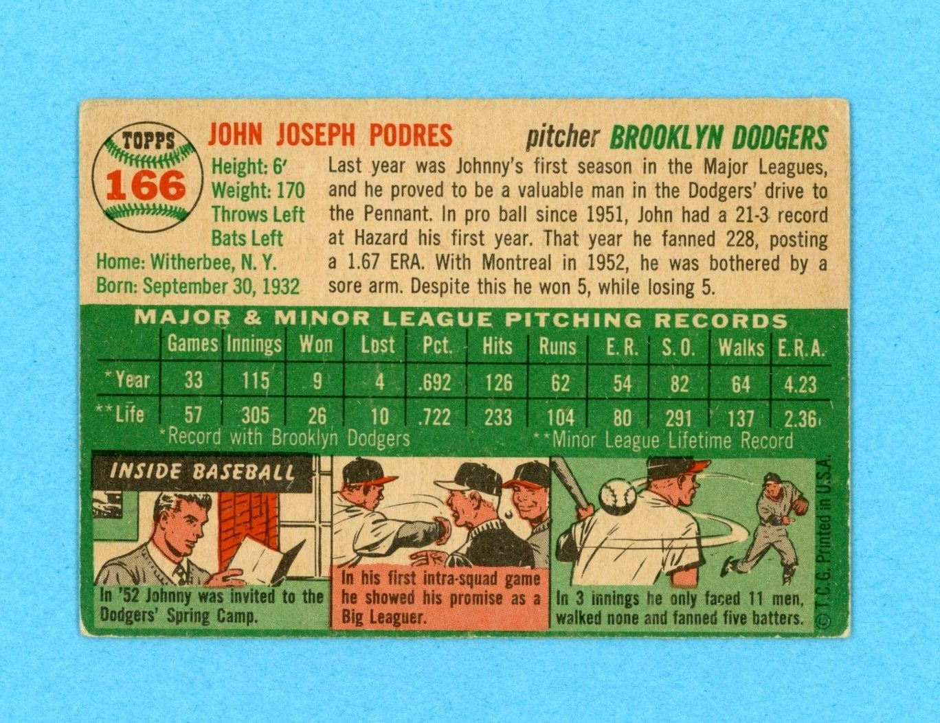 1954 Topps #166 Johnny Podres Brooklyn Dodgers Baseball Card Vg/Ex