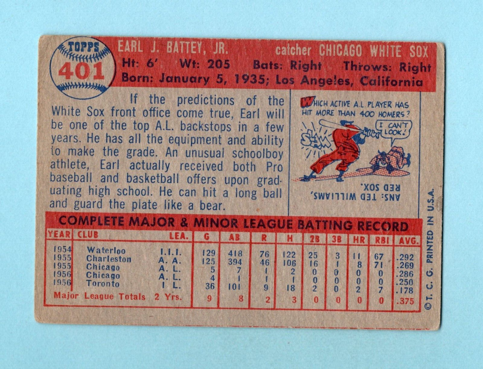 1957 Topps #401 Earl Battey Chicago White Sox Rookie Baseball Card VG - VG+