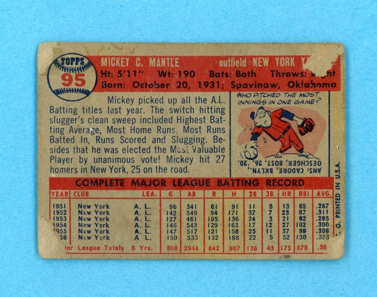 1957 Topps #95 Mickey Mantle New York Yankees Baseball Card Low Grade