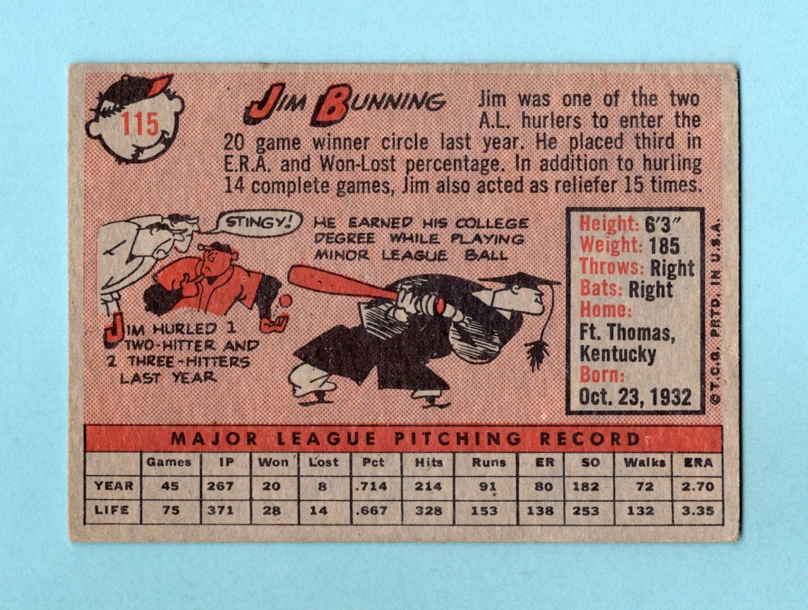 1958 Topps #115 Jim Bunning Detroit Tigers Baseball Card Vg/Ex