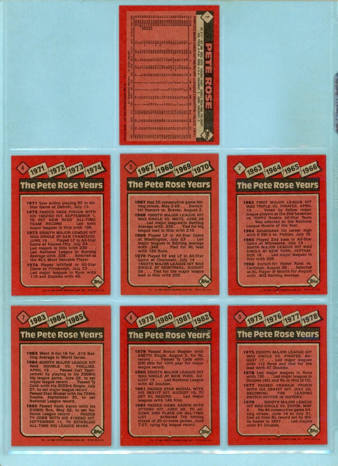 1986 Topps Set of 7 Pete Rose Special Baseball Cards NM