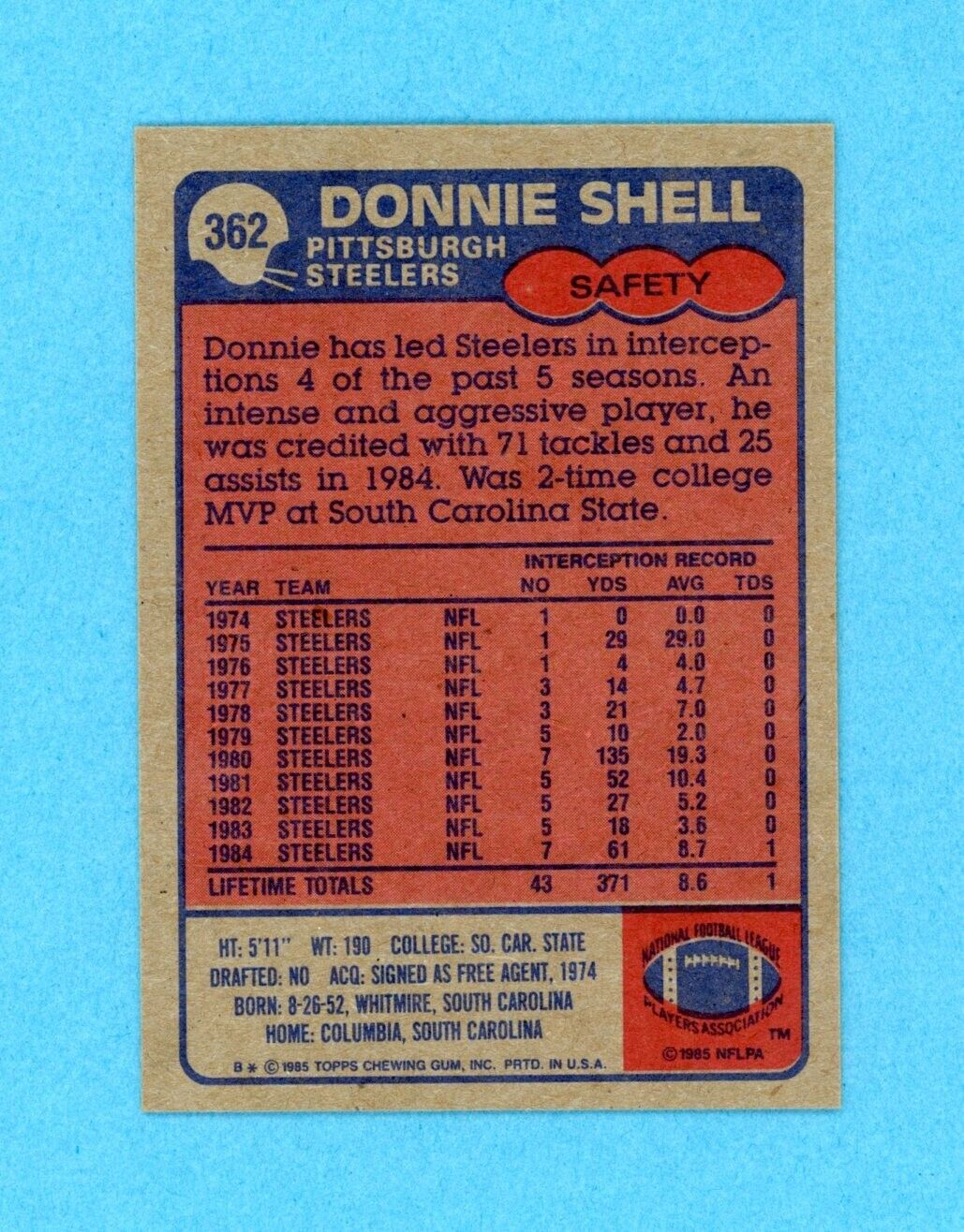 Donnie Shell Pittsburgh Steelers 1985 Topps #362 Autographed Football Card