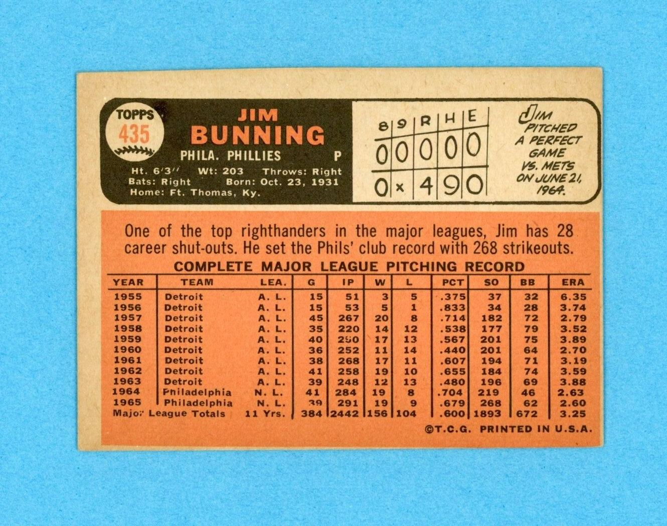 1966 Topps #435 Jim Bunning Philadelphia Phillies Baseball Card Ex+-Ex++ o/c