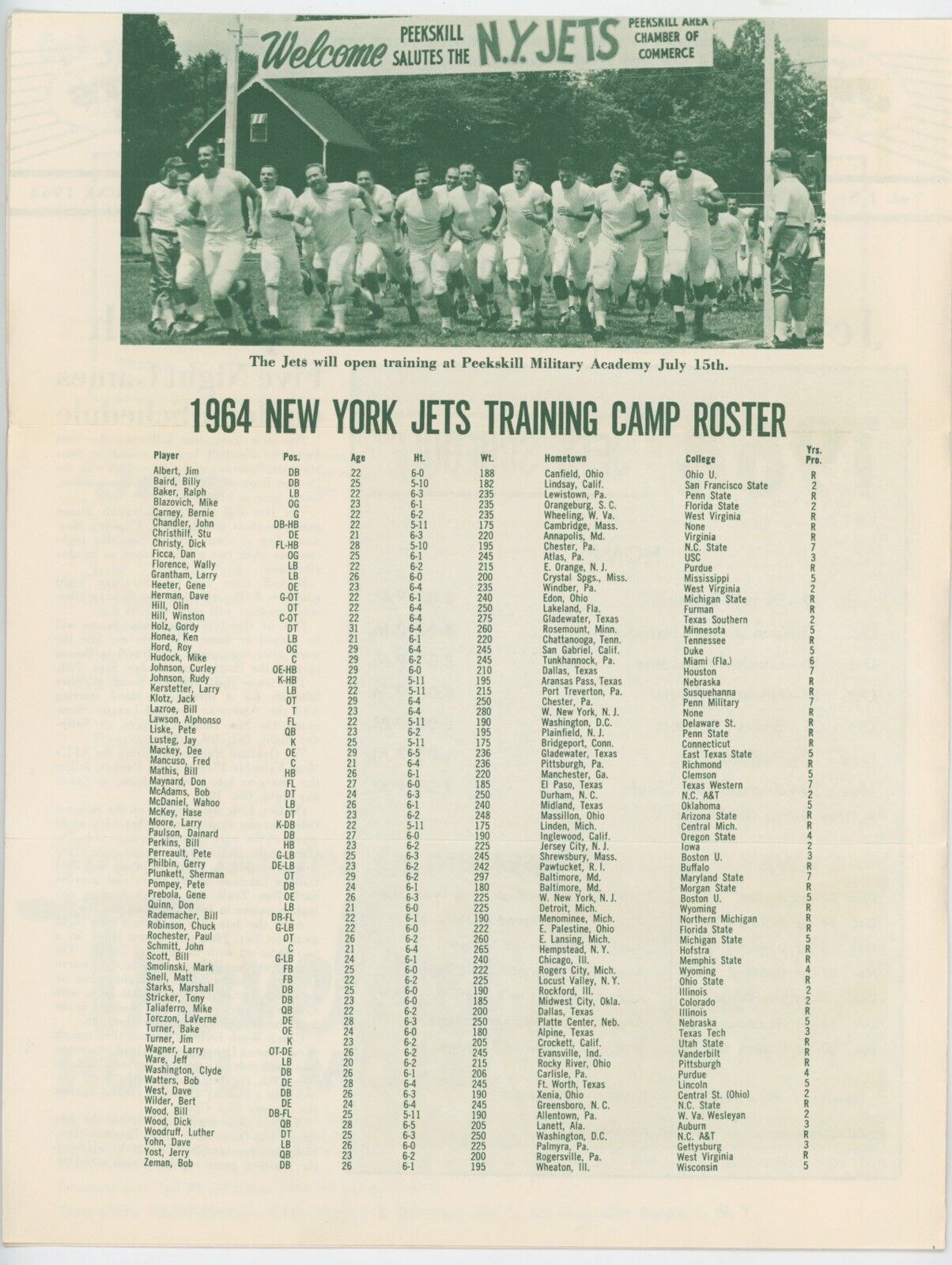 1964 New York Jets "Jet Stream" 4 page Newsletter and Schedule • Gotham FB Club