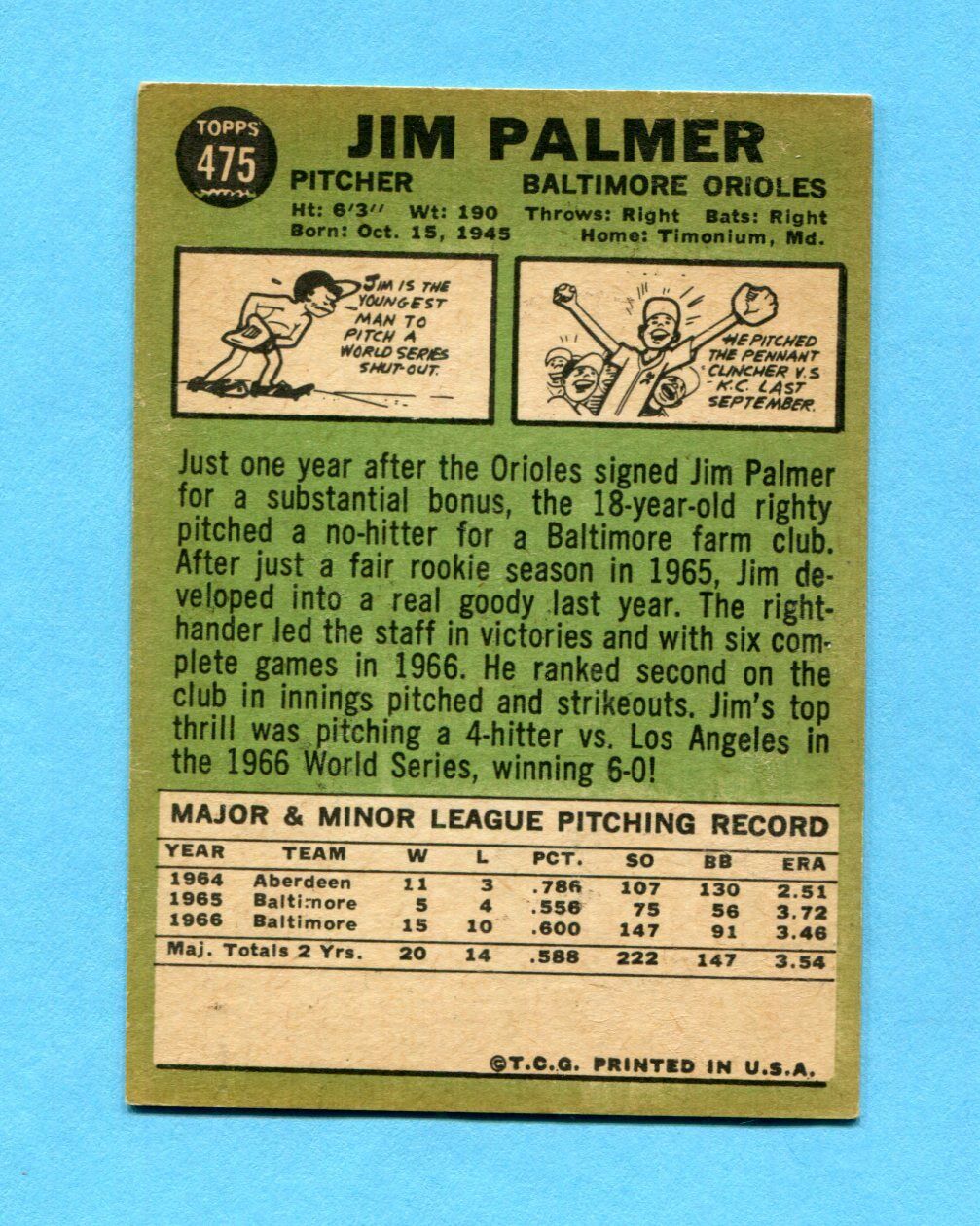 1967 Topps #475 Jim Palmer Baltimore Orioles Baseball Card Ex/Mt    