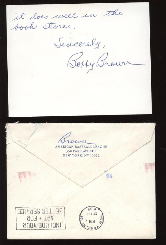 1989 Bobby Brown AL President SIGNED 4.25 x 5.5" Letter w/ Envelope