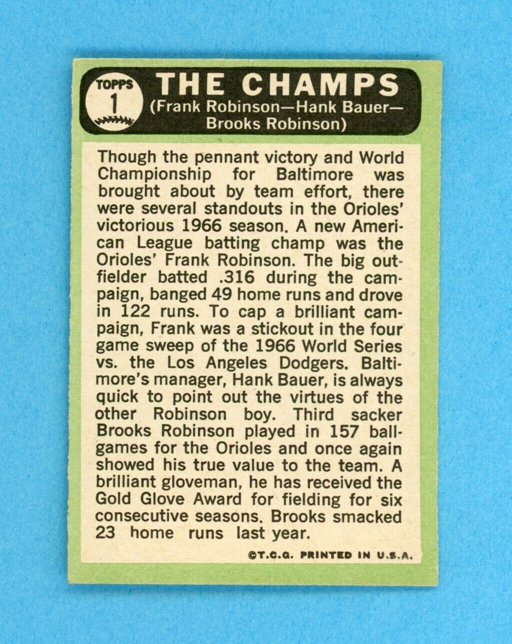 1967 Topps #1 The Champs Baltimore Orioles Baseball Card EX+