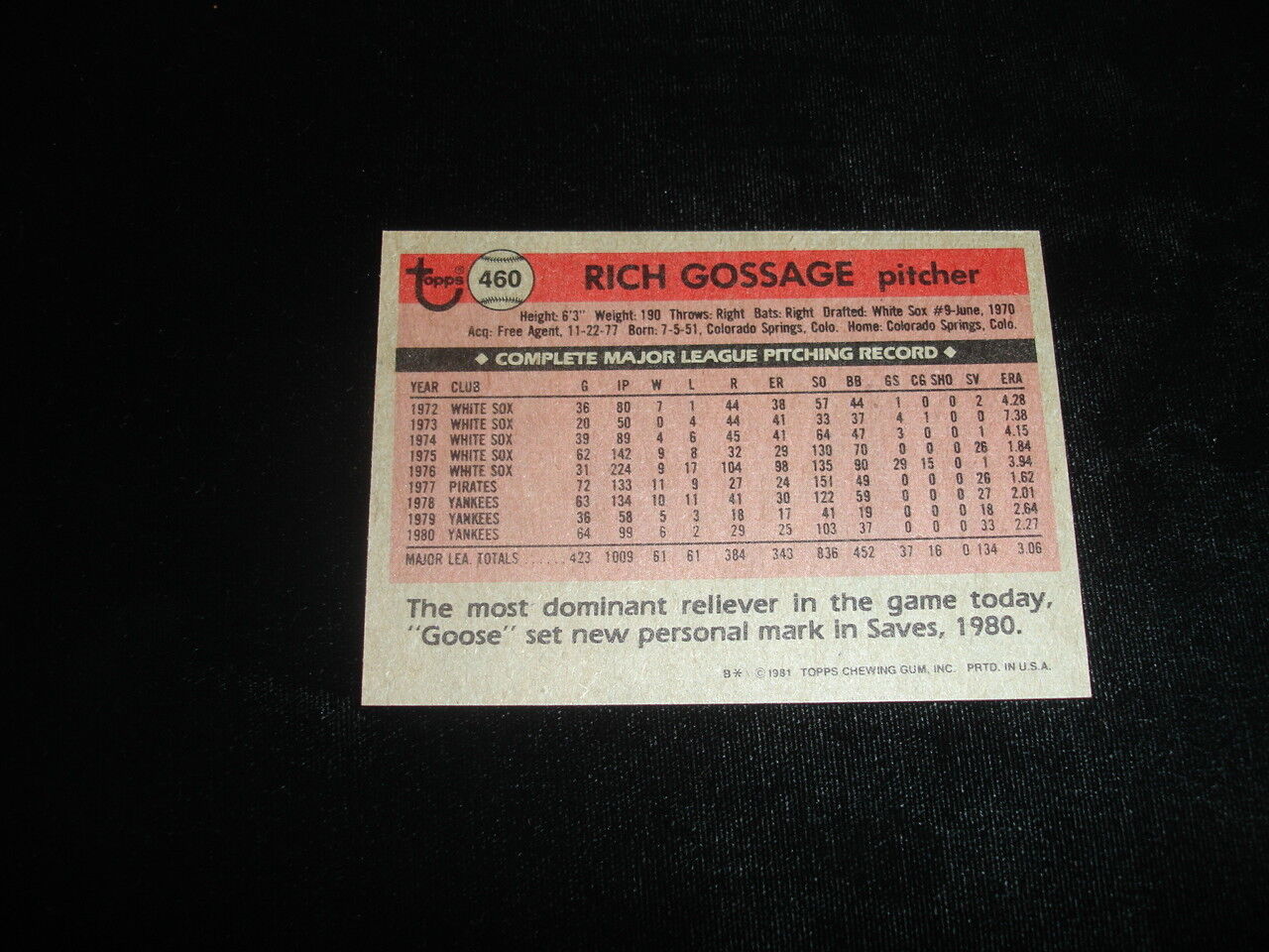 1981 Topps Rich Gossage NY Yankees Autographed Baseball Card-#460-NM