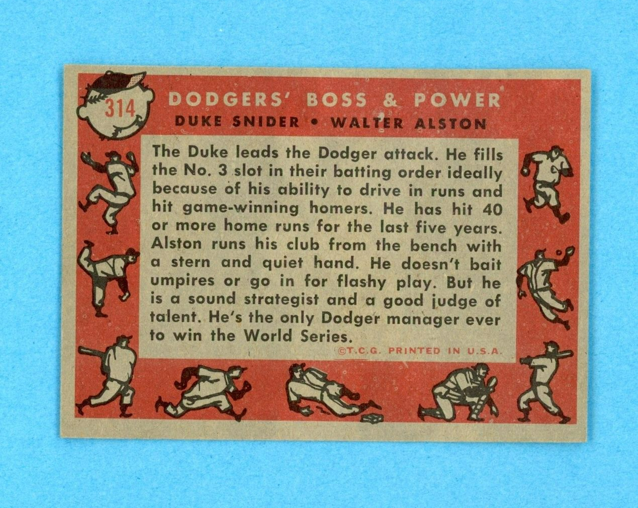 1958 Topps #314 Dodgers Boss & Power Snider, Alston Baseball Card Ex+-E/M ap chp