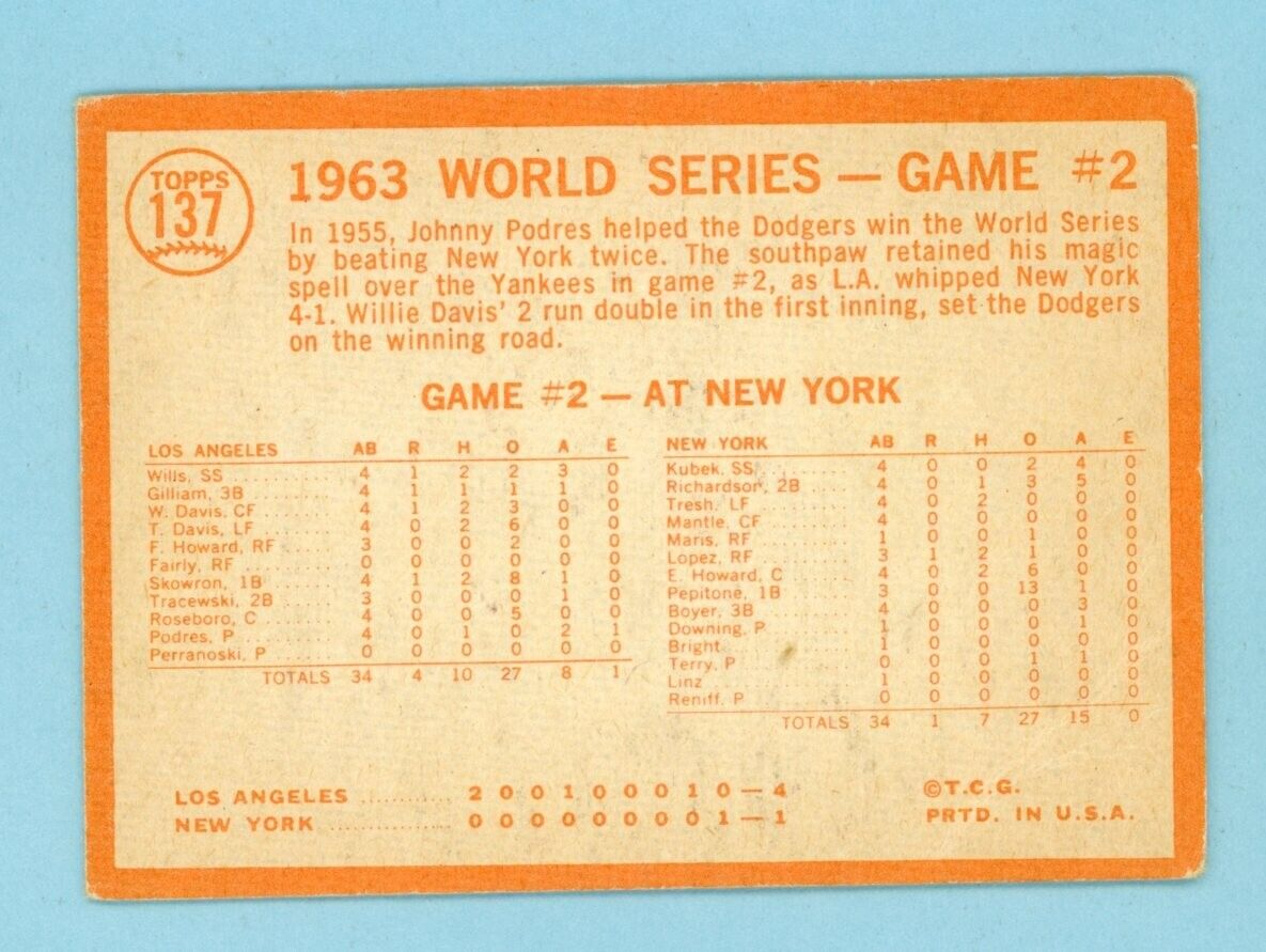 1963 World Series Scorecard Los Angeles Dodgers vs New York Yankees