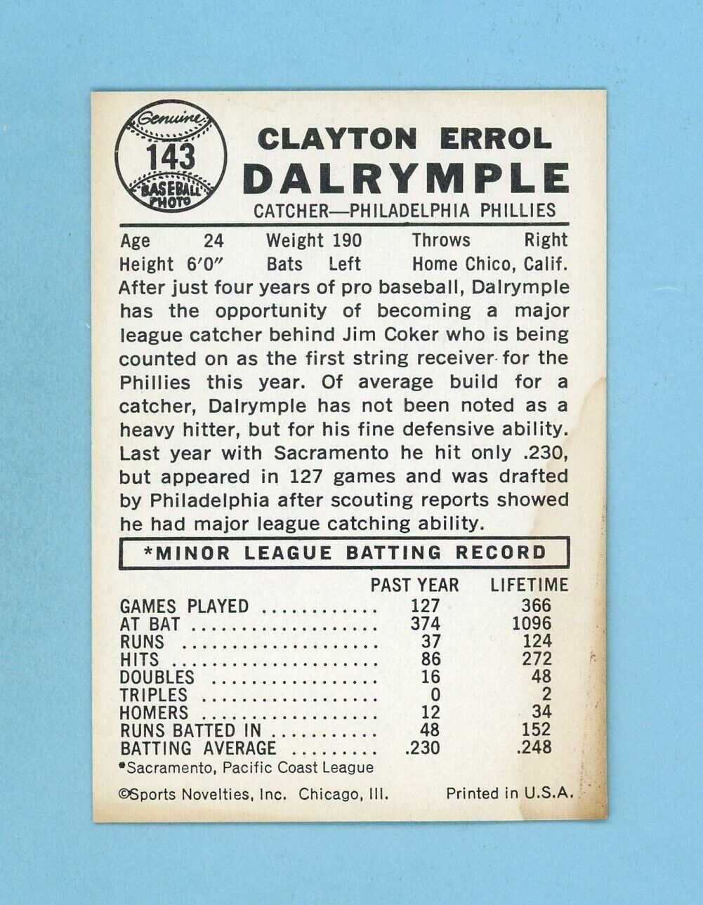 1960 Leaf #143 Clay Dalrymple Phila Phillies High Number Baseball Card EX+ ap ws