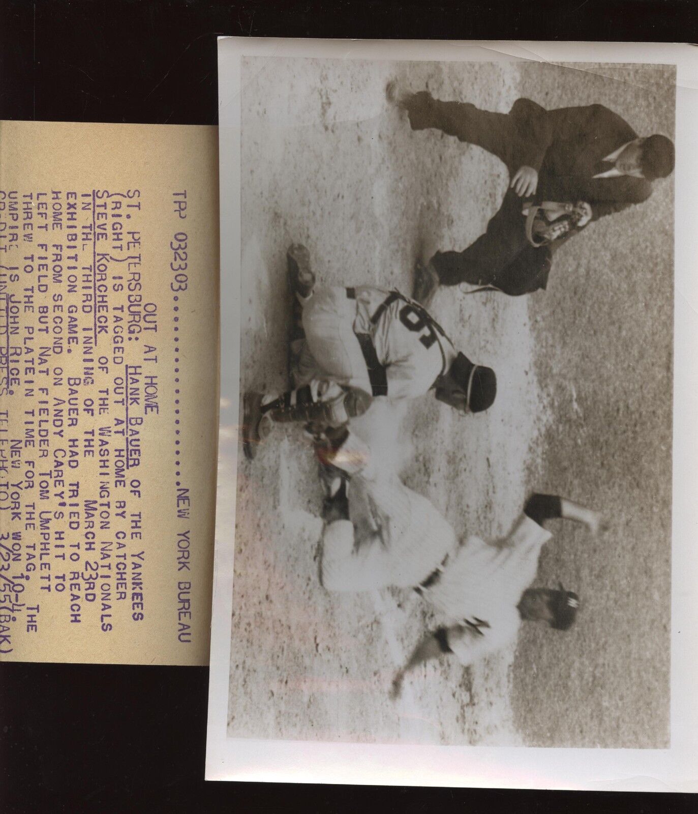 Original 1955 Hank Bauer New York Yankees Sliding Home Wire Photo