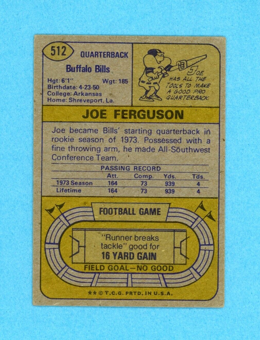 Joe Ferguson Rookie Buffalo Bills 1974 Topps #512 Autographed Football Card