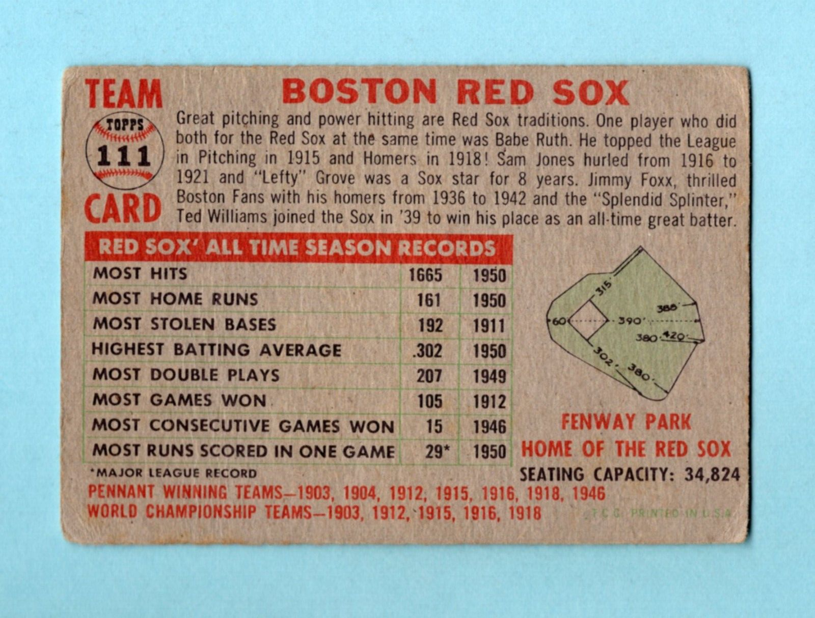 1956 Topps #111 Boston Red Sox Team Baseball Card Low Grade