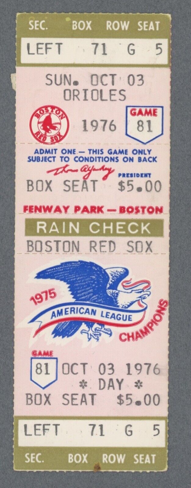 10/3/76 Baltimore Orioles vs Boston Red Sox at Fenway Park Full Ticket