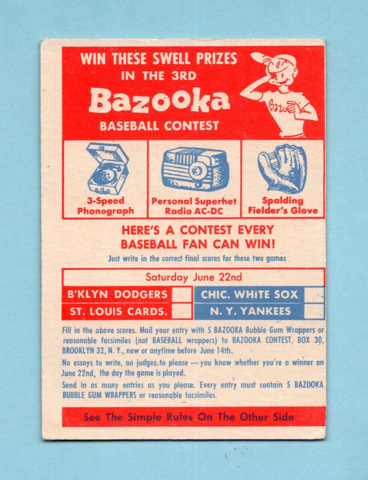 1957 Topps Contest Baseball Card - Saturday, June 22nd EX app o/c cres blc