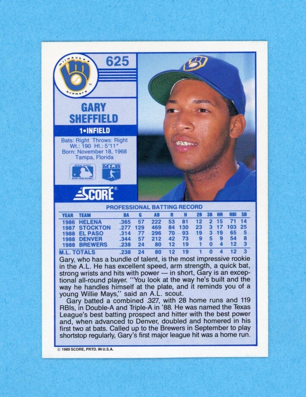 Gary Sheffield Milw Brewers 1989 Score #625 Autographed Rookie Baseball Card