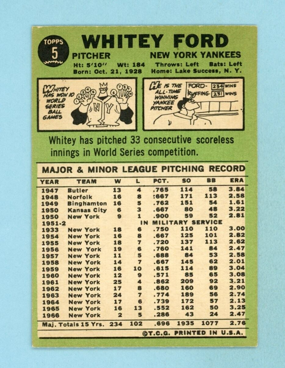 1967 Topps #5 Whitey Ford New York Yankees Baseball Card EX+-Ex/Mt