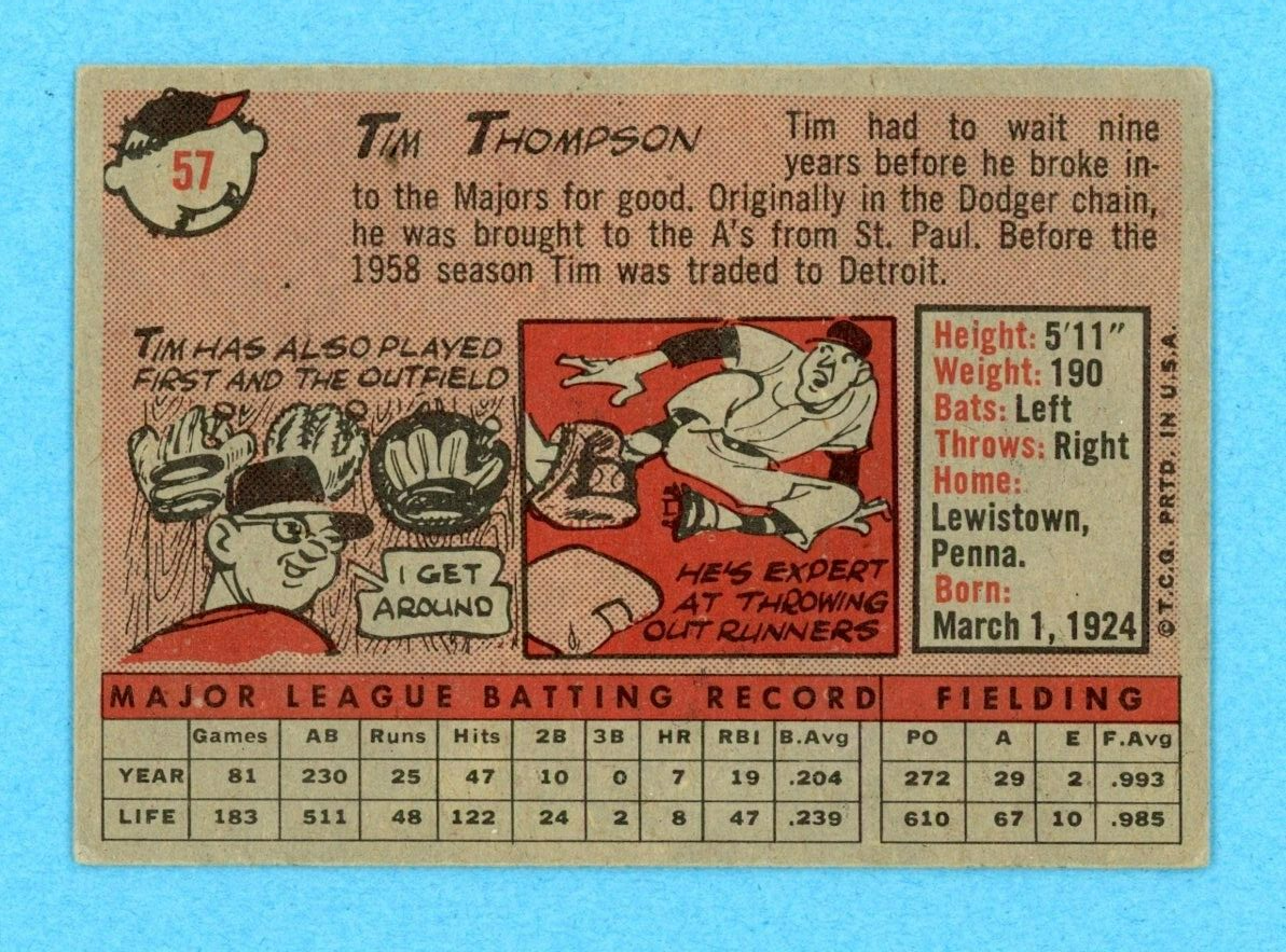 1958 Topps #57 Tim Thompson Detroit Tigers Yellow Letters Baseball Card Vg/Ex