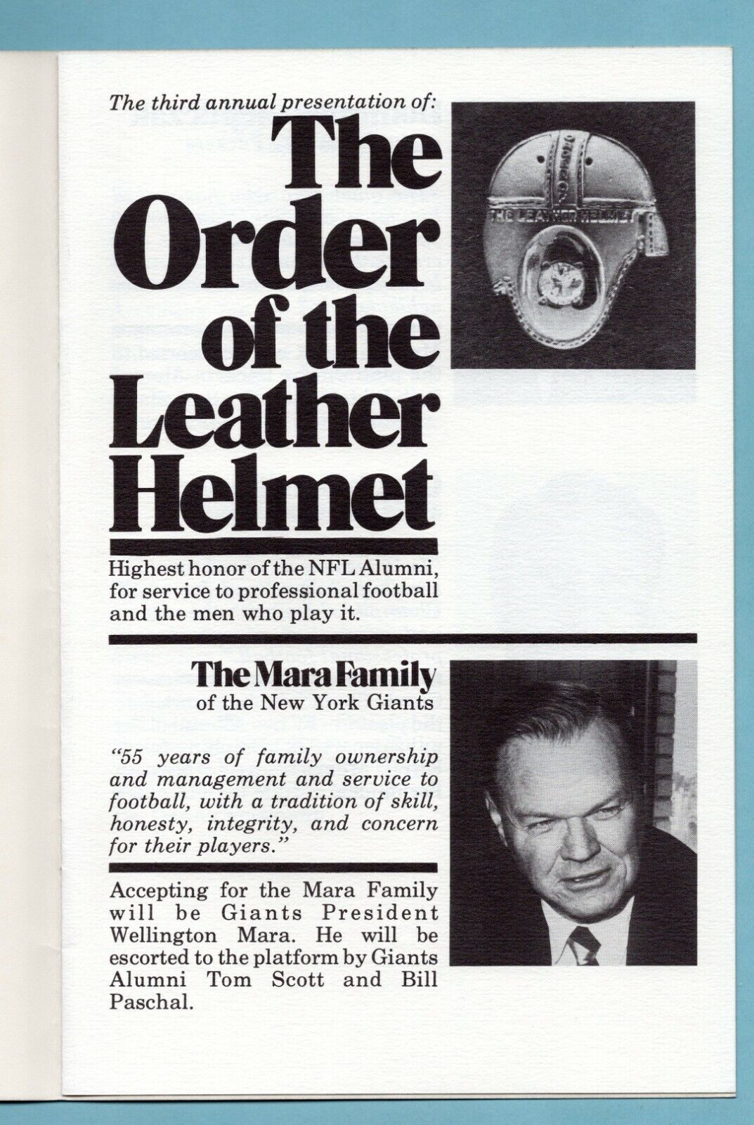 April 18, 1980 Order of The Leather Helmet Booklet Mara Family, Don Shula NM 