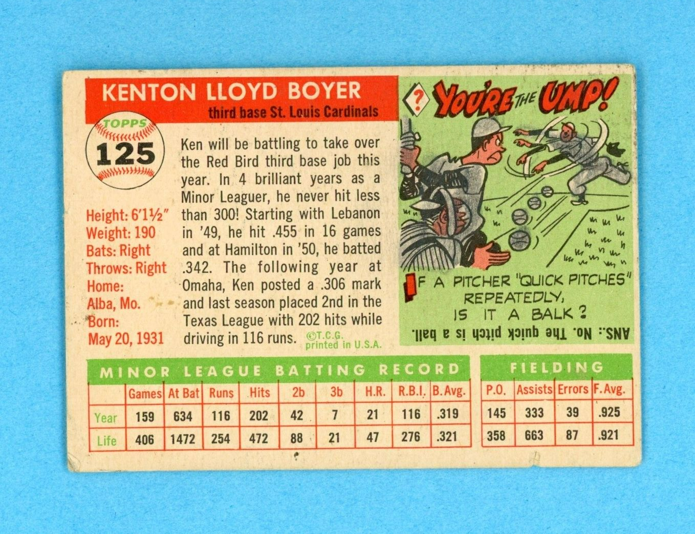 1955 Topps #125 Ken Boyer St. Louis Cardinals Rookie Baseball Card Low Grade