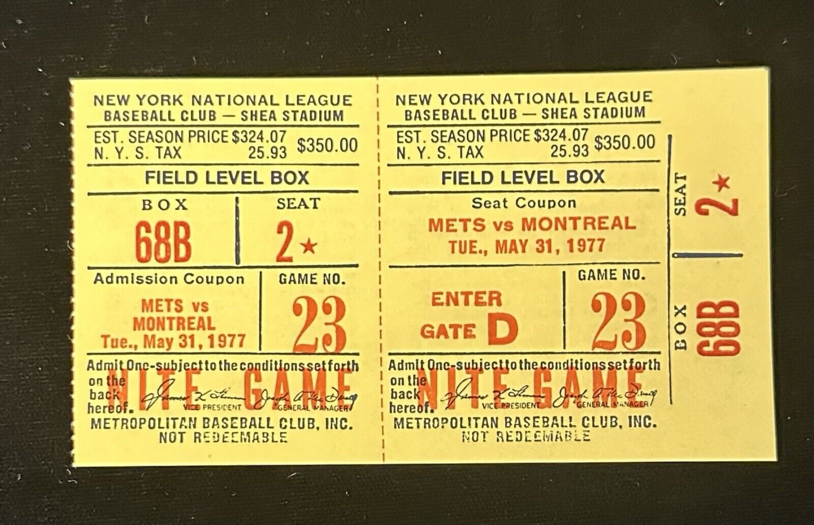 May 31 1977 Joe Torre Managerial Debut NY Mets FULL Ticket vs Expos - NM