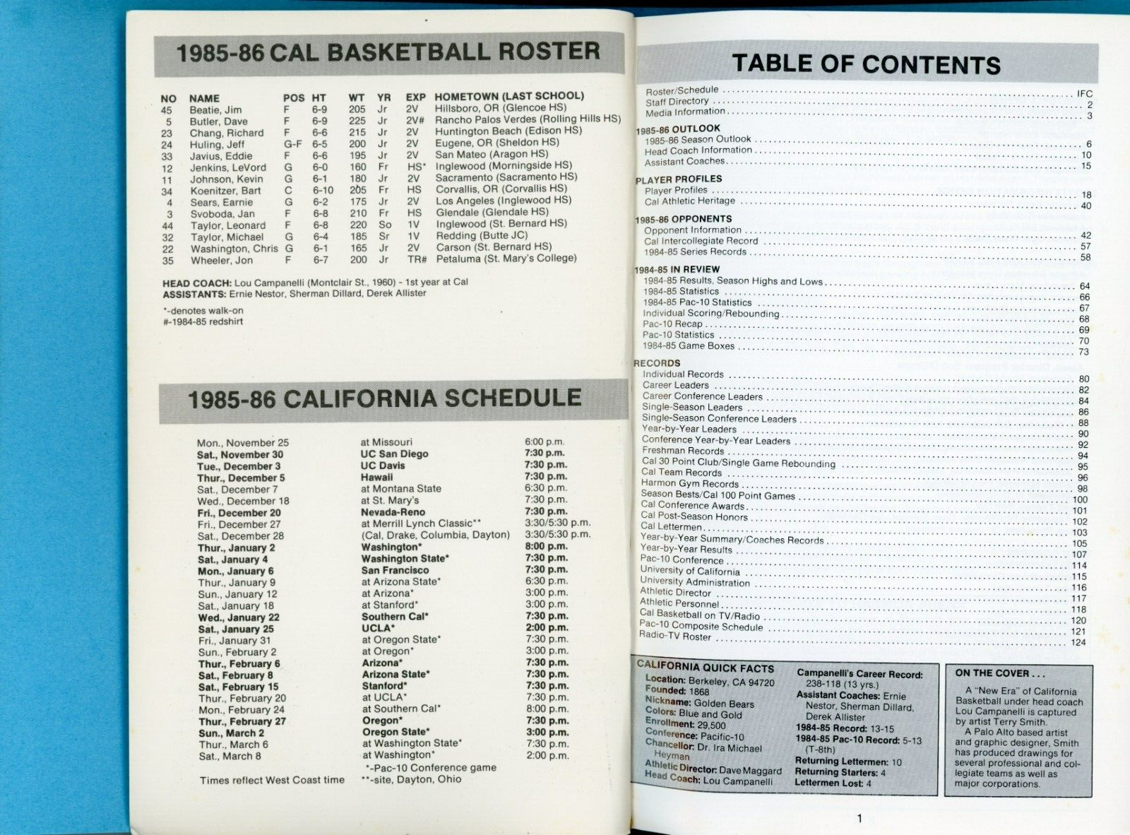 1985-86 University of California Basketball Media Guide Lou Campanelli on cover