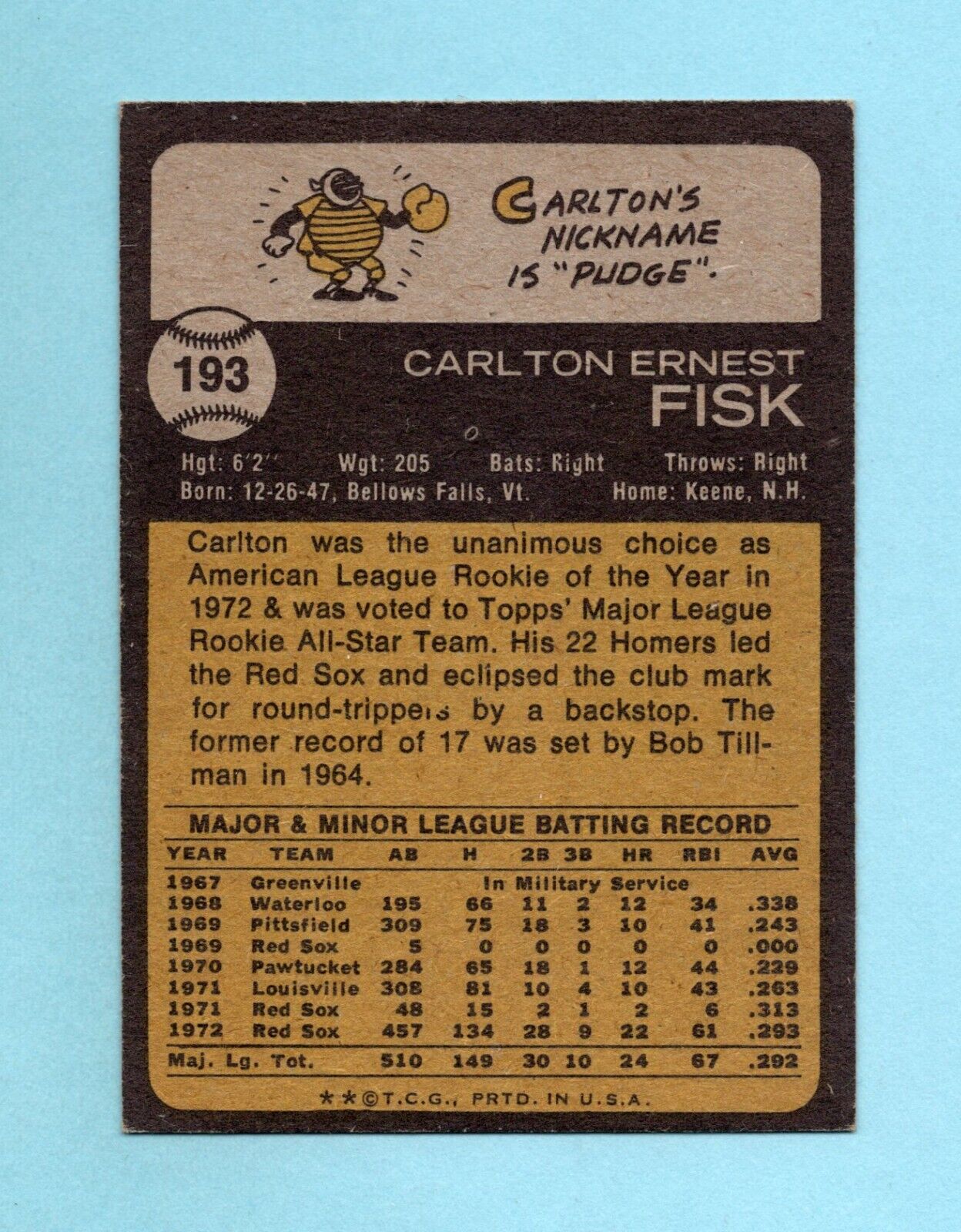 1973 Topps #193 Carlton Fisk Boston Red Sox Baseball Card Ex/Mt