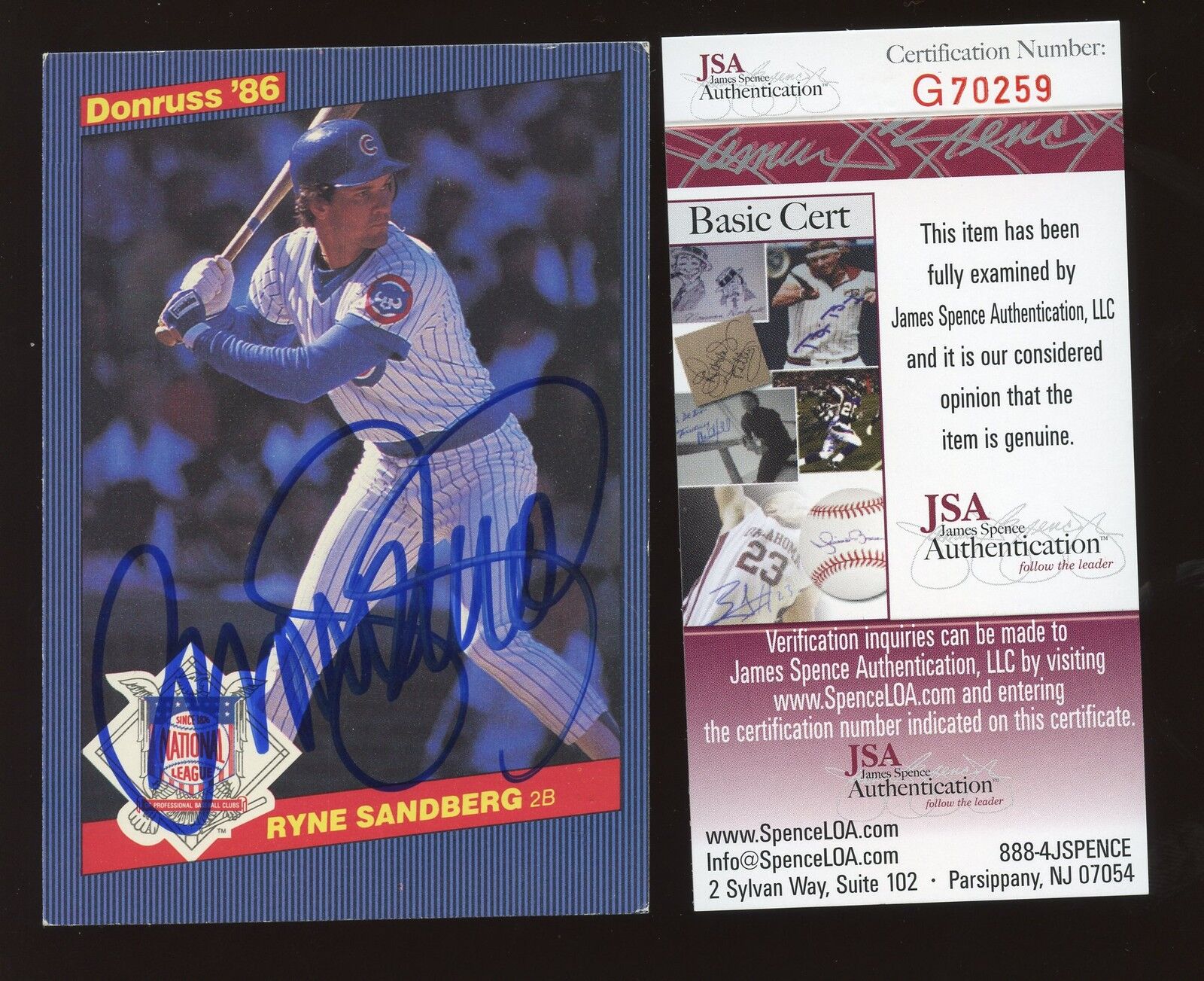 1986 Donruss Action All Star Baseball #32 Ryne Sandberg EX+ Autographed JSA