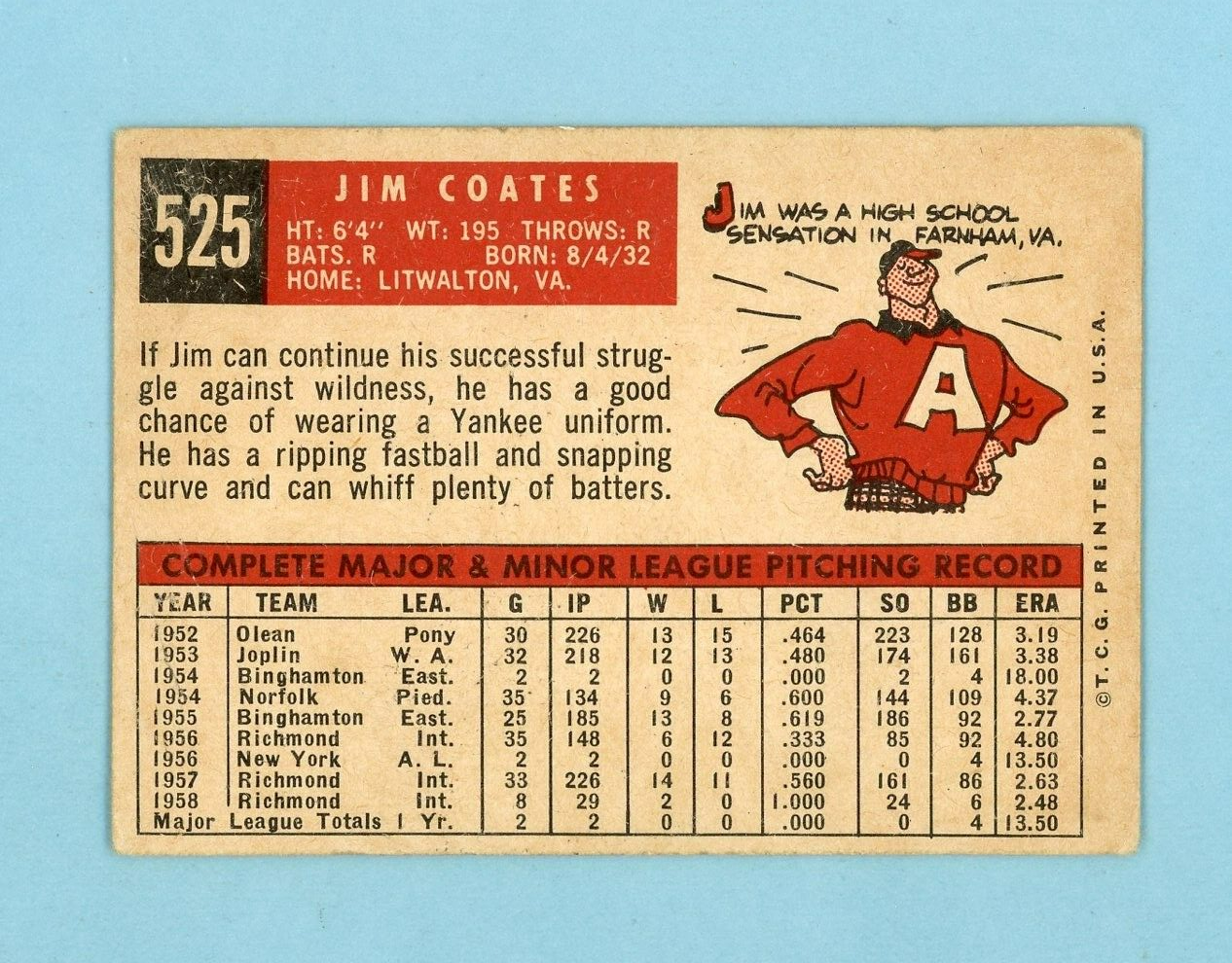 1959 Topps #525 Jim Coates New York Yankees High Number Baseball Card VG - VG+