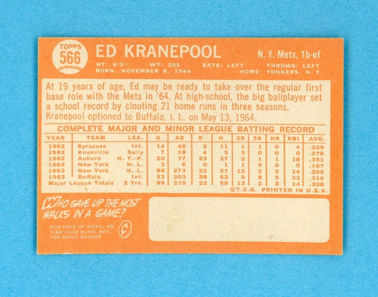 1964 Topps #566 Ed Kranepool New York Mets High Number Baseball Card Ex/Mt