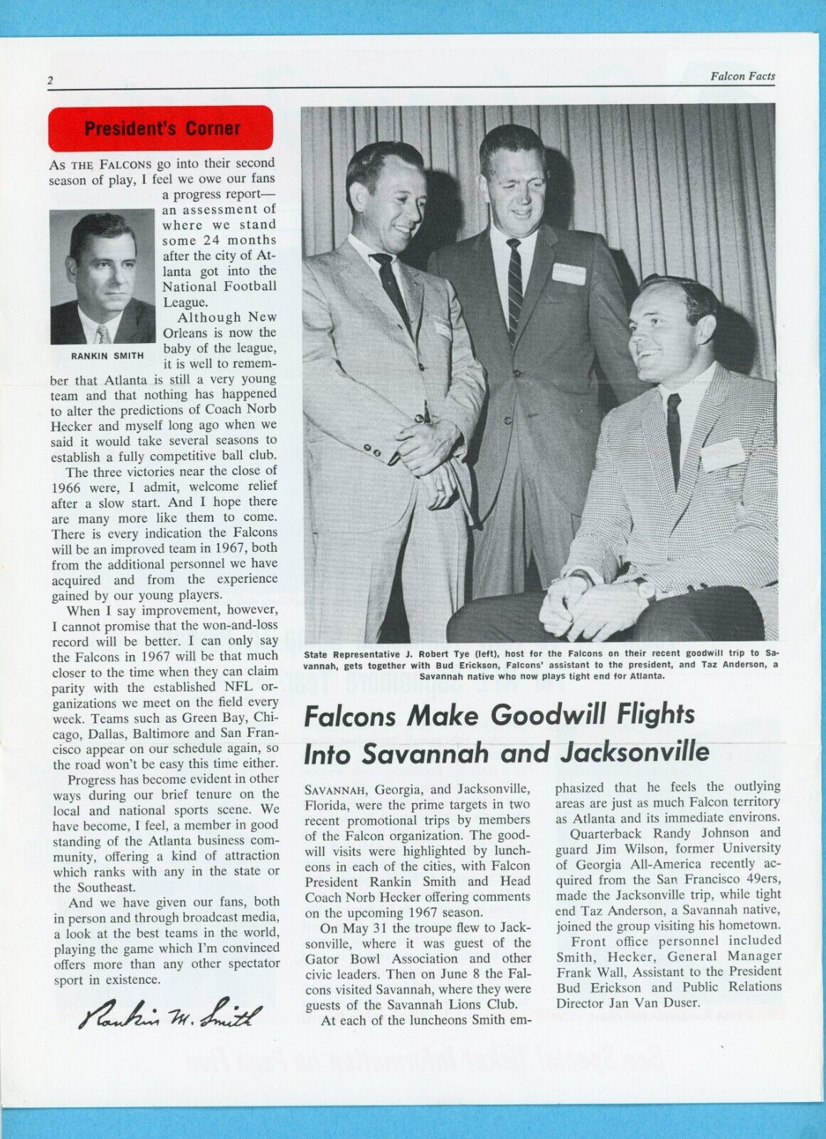 July, 1967 Vol. 2 No. 3 Falcon Facts Atlanta Falcons Newsletter