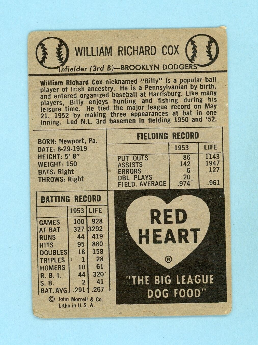 1954 Red Heart Billy Cox Brooklyn Dodgers Baseball Card Low Grade