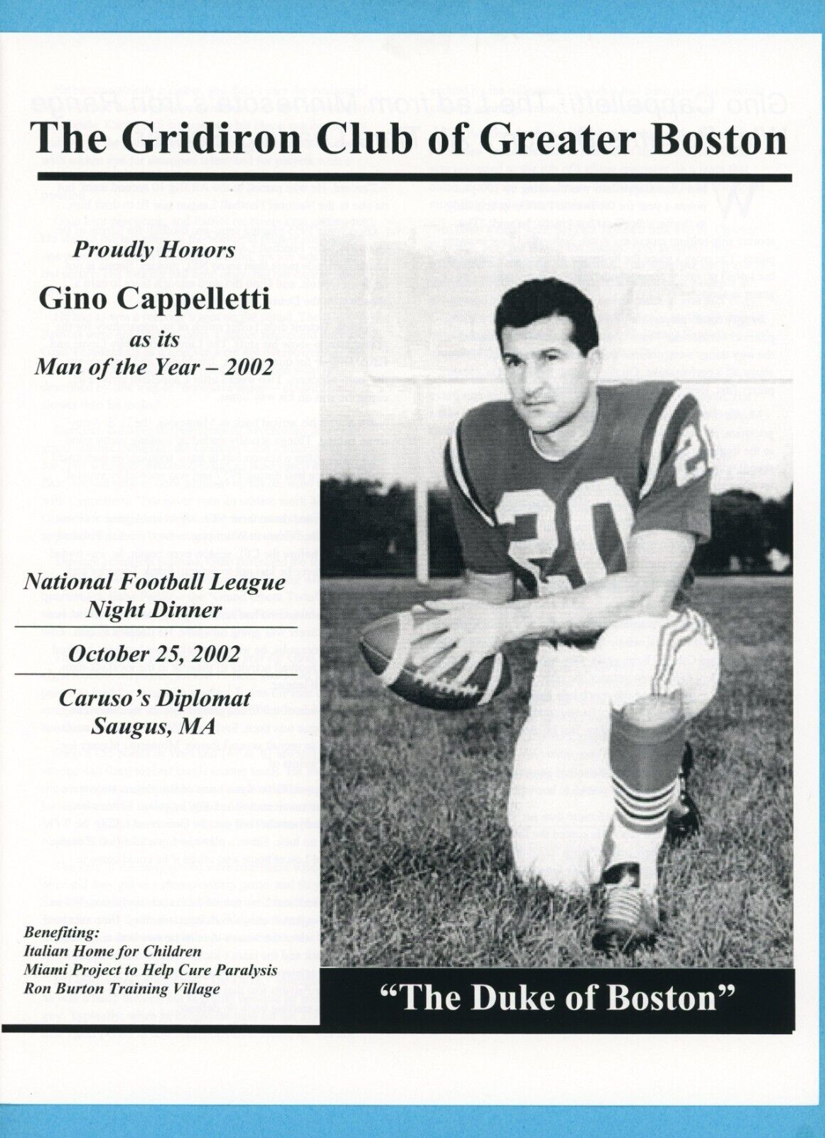 October 25, 2002 The Gridiron Club of Greater Boston Dinner Gino Cappelletti