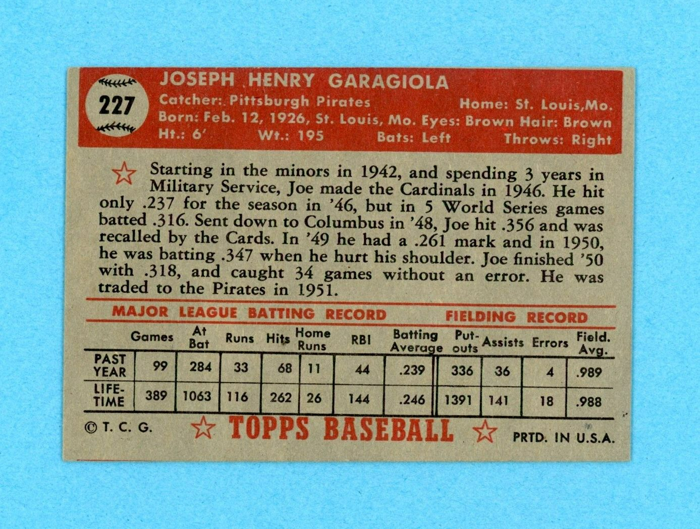 1952 Topps #227 Joe Garagiola Pittsburgh Pirates Baseball Card EX - EX+